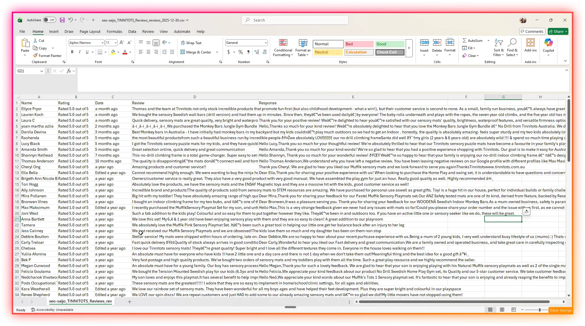 Five column CSV structure: Name, Rating, Date, Review, Response