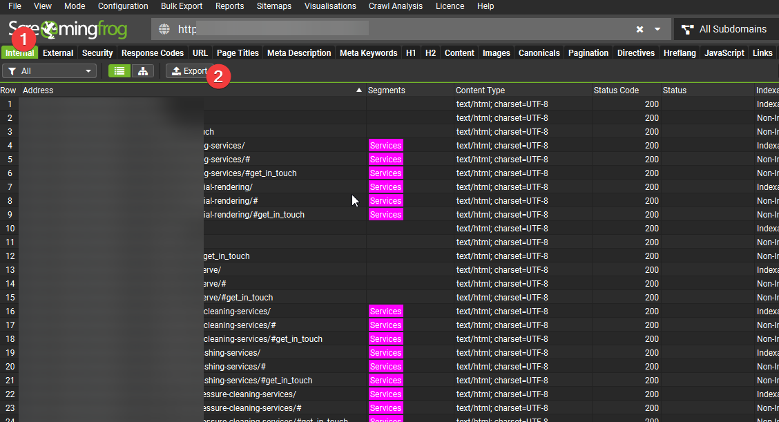 Get internal link export from Screaming Frog