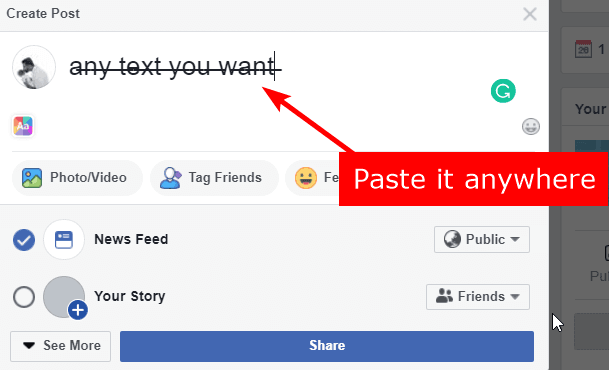 how to strikethrough text on facebook